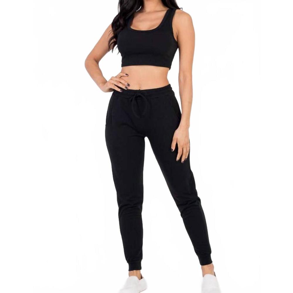 NEW CAPELLA french terry cropped tank top & joggers set in black